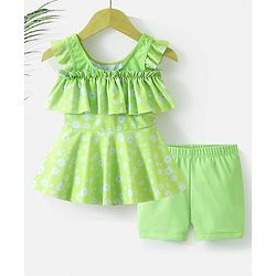 Babyhug Sleeveless Frock Swimsuit with Shorts Floral Print - Green