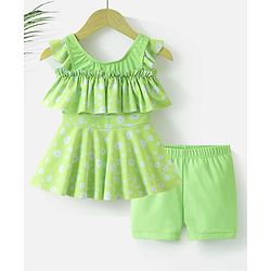 Babyhug Sleeveless Frock Swimsuit with Shorts Floral Print - Green