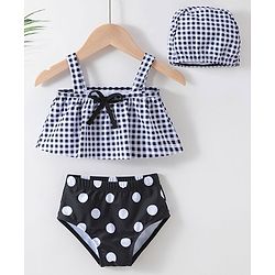 Babyhug Sleeveless Two Piece Checked Swimsuit with Cap - Black