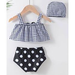 Babyhug Sleeveless Two Piece Checked Swimsuit with Cap - Black