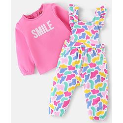 Babyhug Single Jersey Knit Dungaree Set With Full Sleeves Tee Text Print - Multicolour
