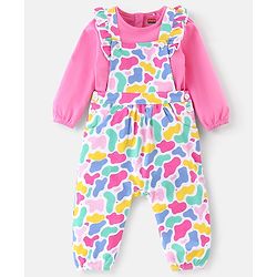 Babyhug Single Jersey Knit Dungaree Set With Full Sleeves Tee Text Print - Multicolour