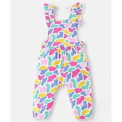 Babyhug Single Jersey Knit Dungaree Set With Full Sleeves Tee Text Print - Multicolour