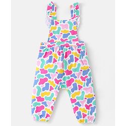 Babyhug Single Jersey Knit Dungaree Set With Full Sleeves Tee Text Print - Multicolour
