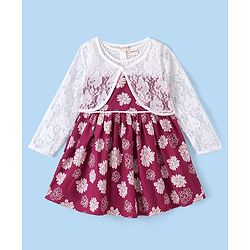 Babyhug Cotton Woven Sleeveless Frock With Knit Shrug Floral Print - Maroon & White