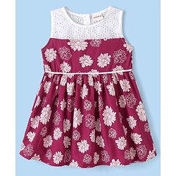 Babyhug Cotton Woven Sleeveless Frock With Knit Shrug Floral Print - Maroon & White