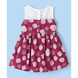 Babyhug Cotton Woven Sleeveless Frock With Knit Shrug Floral Print - Maroon & White
