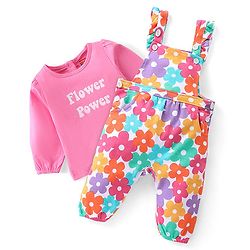 Babyhug 100% Cotton Knit Floral Printed Dungaree with Full Sleeves Inner Tee - Pink