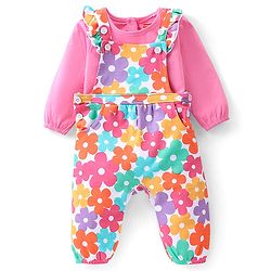 Babyhug 100% Cotton Knit Floral Printed Dungaree with Full Sleeves Inner Tee - Pink