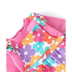 Babyhug 100% Cotton Knit Floral Printed Dungaree with Full Sleeves Inner Tee - Pink