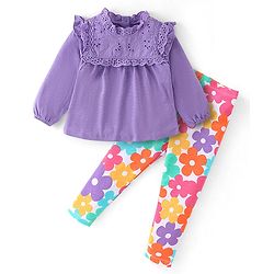 Babyhug 100% Cotton Knit Full Sleeves Top & Leggings With Floral Print - White & Purple
