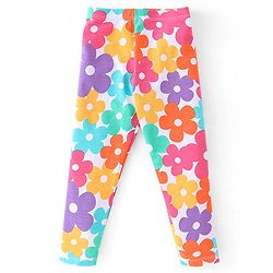 Babyhug 100% Cotton Knit Full Sleeves Top & Leggings With Floral Print - White & Purple