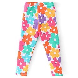 Babyhug 100% Cotton Knit Full Sleeves Top & Leggings With Floral Print - White & Purple