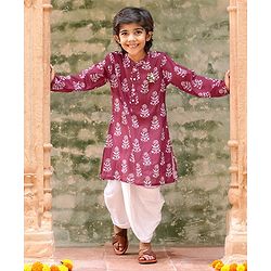 Babyhug 100% Cambric Full Sleeve Printed Kurta With Solid Dhoti Set - Magenta