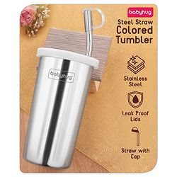 Babyhug Steel Straw Tumbler With Straw Cleaning Brush Silver - 450 ml