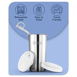 Babyhug Steel Straw Tumbler With Straw Cleaning Brush Silver - 450 ml