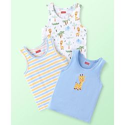 Babyhug 100% Cotton Knit Sleeveless Striped & Giraffe Print Sando Pack Of 3 - Blue White & Yellow