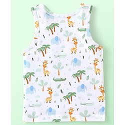 Babyhug 100% Cotton Knit Sleeveless Striped & Giraffe Print Sando Pack Of 3 - Blue White & Yellow