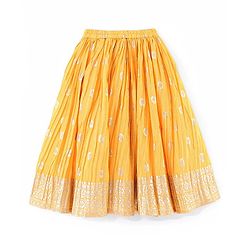 Babyhug Sleeveless Embrodered Choli with Foil Printed Pleated Lehenga and Dupatta - Mustard
