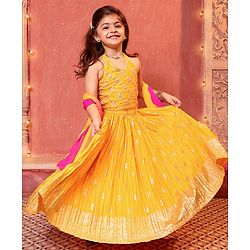 Babyhug Sleeveless Embrodered Choli with Foil Printed Pleated Lehenga and Dupatta - Mustard