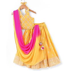 Babyhug Sleeveless Embrodered Choli with Foil Printed Pleated Lehenga and Dupatta - Mustard