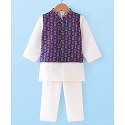 Babyhug 100% Cotton Full Sleeves Kurta & Pyjama Set With Waist Coat Ikat Print - White & Blue