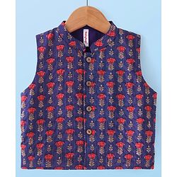 Babyhug 100% Cotton Full Sleeves Kurta & Pyjama Set With Waist Coat Ikat Print - White & Blue