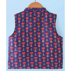 Babyhug 100% Cotton Full Sleeves Kurta & Pyjama Set With Waist Coat Ikat Print - White & Blue
