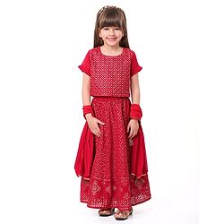 Babyhug Half Sleeves Sequined Embroidered Choli Lehenga and Dupatta Set - Red