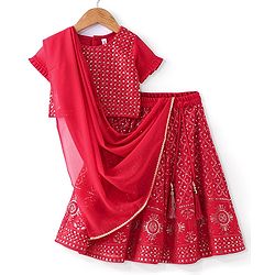Babyhug Half Sleeves Sequined Embroidered Choli Lehenga and Dupatta Set - Red