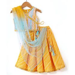 Babyhug 100% Cotton Knit Sleeveless Sequenced Embroidered Choli with Bandhani Printed Lehenga  and Dupatta Set - Yellow