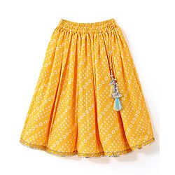 Babyhug 100% Cotton Knit Sleeveless Sequenced Embroidered Choli with Bandhani Printed Lehenga  and Dupatta Set - Yellow