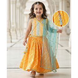 Babyhug 100% Cotton Knit Sleeveless Sequenced Embroidered Choli with Bandhani Printed Lehenga  and Dupatta Set - Yellow