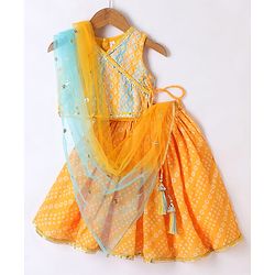 Babyhug 100% Cotton Knit Sleeveless Sequenced Embroidered Choli with Bandhani Printed Lehenga  and Dupatta Set - Yellow
