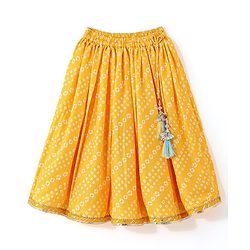 Babyhug 100% Cotton Knit Sleeveless Sequenced Embroidered Choli with Bandhani Printed Lehenga  and Dupatta Set - Yellow