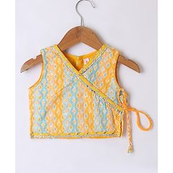 Babyhug 100% Cotton Knit Sleeveless Sequenced Embroidered Choli with Bandhani Printed Lehenga  and Dupatta Set - Yellow