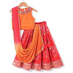 Babyhug Sleeveless Embroidered Choli with Pattola Lehenga and Dupatta Set - Red