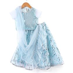 Babyhug Half Sleeves Sequenced Choli with Sequenced Lehenga and Dupatta Set - Sky Blue