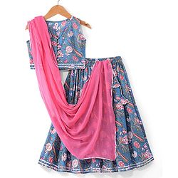 Babyhug 100% Cotton Woven Sleeveless Floral Printed Choli with Lehenga and Dupatta - Teal Blue