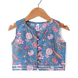 Babyhug 100% Cotton Woven Sleeveless Floral Printed Choli with Lehenga and Dupatta - Teal Blue