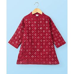 Babyhug Full Sleeves Embroidered   Kurta With Solid Colour Dhoti - Maroon