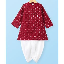 Babyhug Full Sleeves Embroidered   Kurta With Solid Colour Dhoti - Maroon