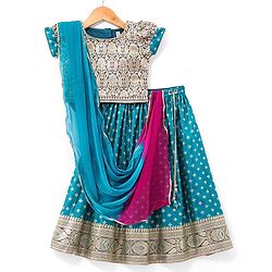 Babyhug Puff Sleeve Pattu Pavda Brocade Choli With Lehenga And Dupatta Set - Teal