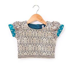 Babyhug Puff Sleeve Pattu Pavda Brocade Choli With Lehenga And Dupatta Set - Teal