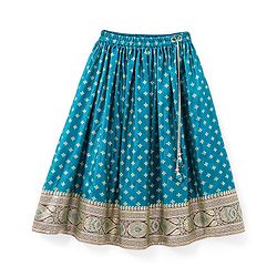 Babyhug Puff Sleeve Pattu Pavda Brocade Choli With Lehenga And Dupatta Set - Teal