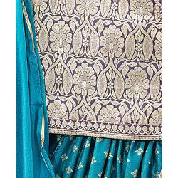 Babyhug Puff Sleeve Pattu Pavda Brocade Choli With Lehenga And Dupatta Set - Teal