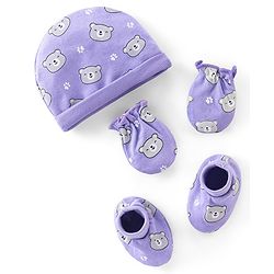 Babyhug 100% Cotton Interlock Knit Cap Mittens And Booties Bear Print - Purple