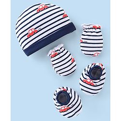 Babyhug 100% Cotton Interlock Knit Cap Mittens And Booties Stripes & Car Print - Navy Blue