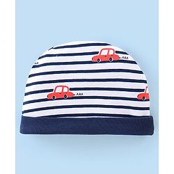 Babyhug 100% Cotton Interlock Knit Cap Mittens And Booties Stripes & Car Print - Navy Blue