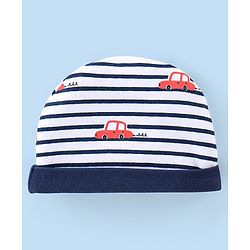 Babyhug 100% Cotton Interlock Knit Cap Mittens And Booties Stripes & Car Print - Navy Blue